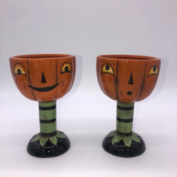 Johanna Parker Transpac Set Of 2 Jack O Lantern Pumpkin Goblets Halloween New - Picture 1 of 8